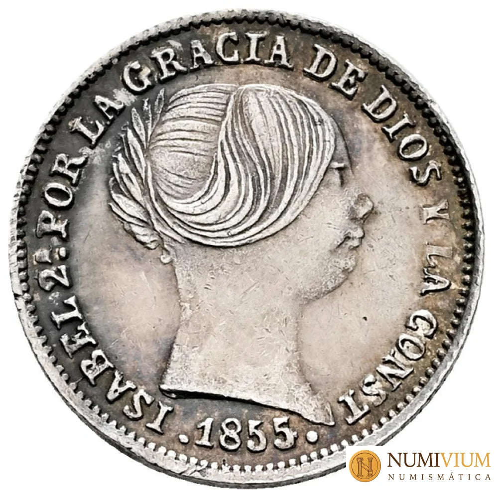 Isabel II (1833-1868). 1 real. Sobrefecha 1855/4. Sevilla. Tono y restos de brillo original. EBC-EBC