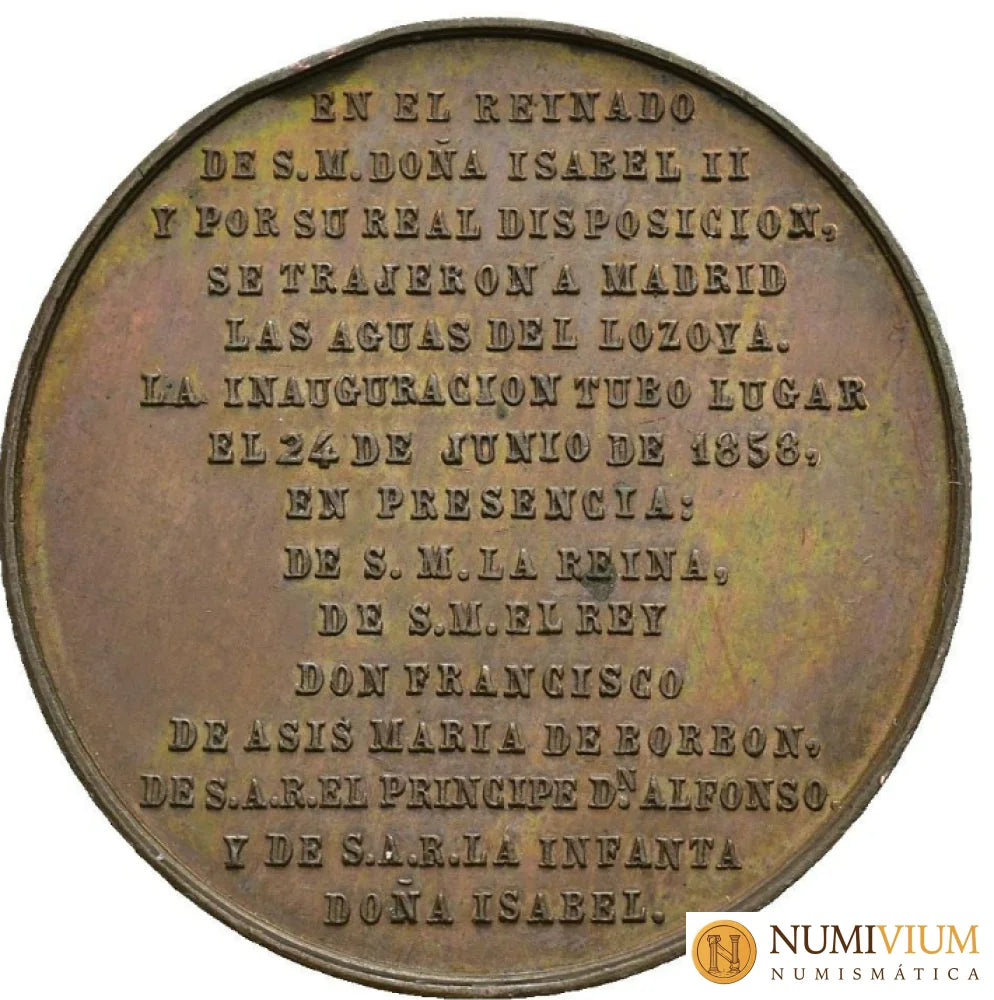 ISABEL II y D. Francisco de Asis. Medalla. 1858. Inauguración de la traída de aguas del Lozoya. Escasa