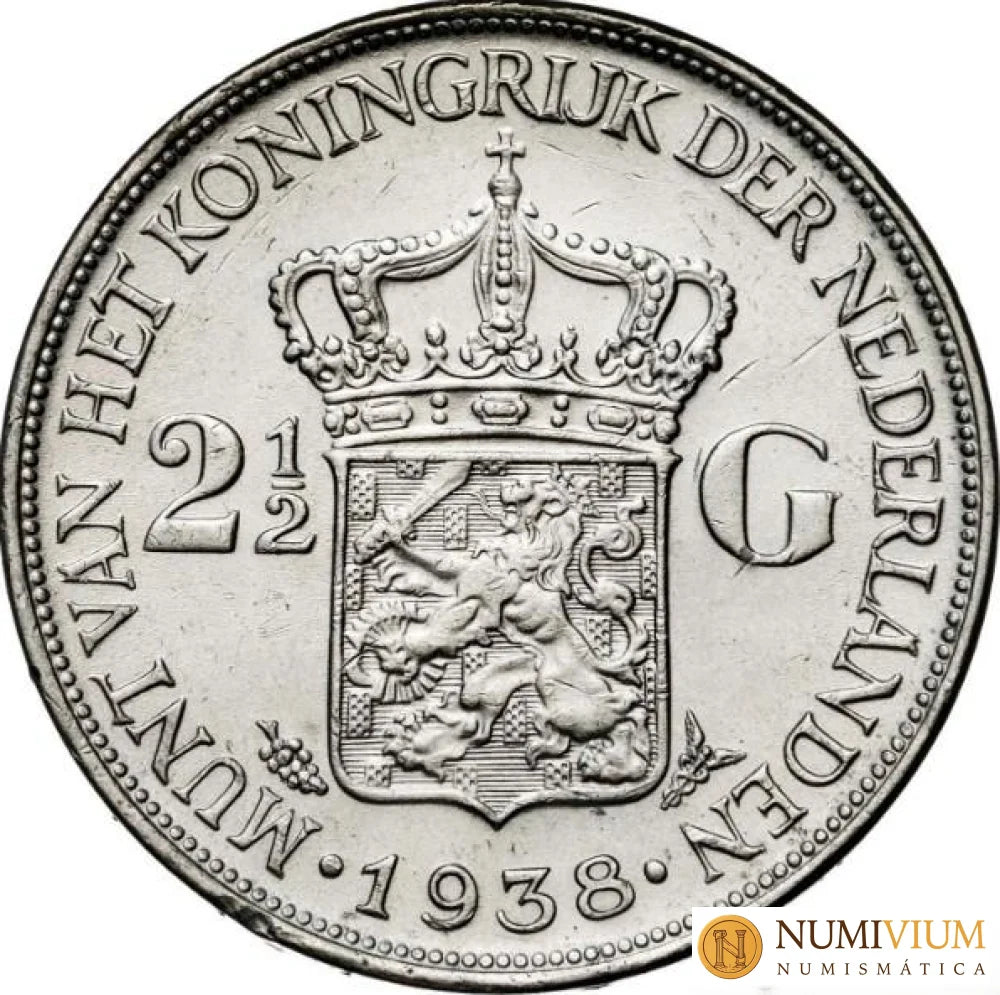 Países Bajos. Guillermina 1938. Moneda de 2 y 1/2 guilden de plata. EBC