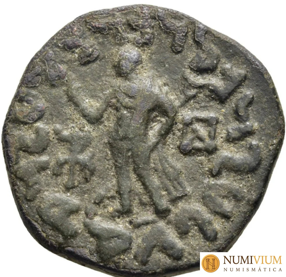 Reyes Indoescitas: AZES I (aprox. 58-12 a.C.). Tetradracma de bronce. Pushkalavati Tetradracma